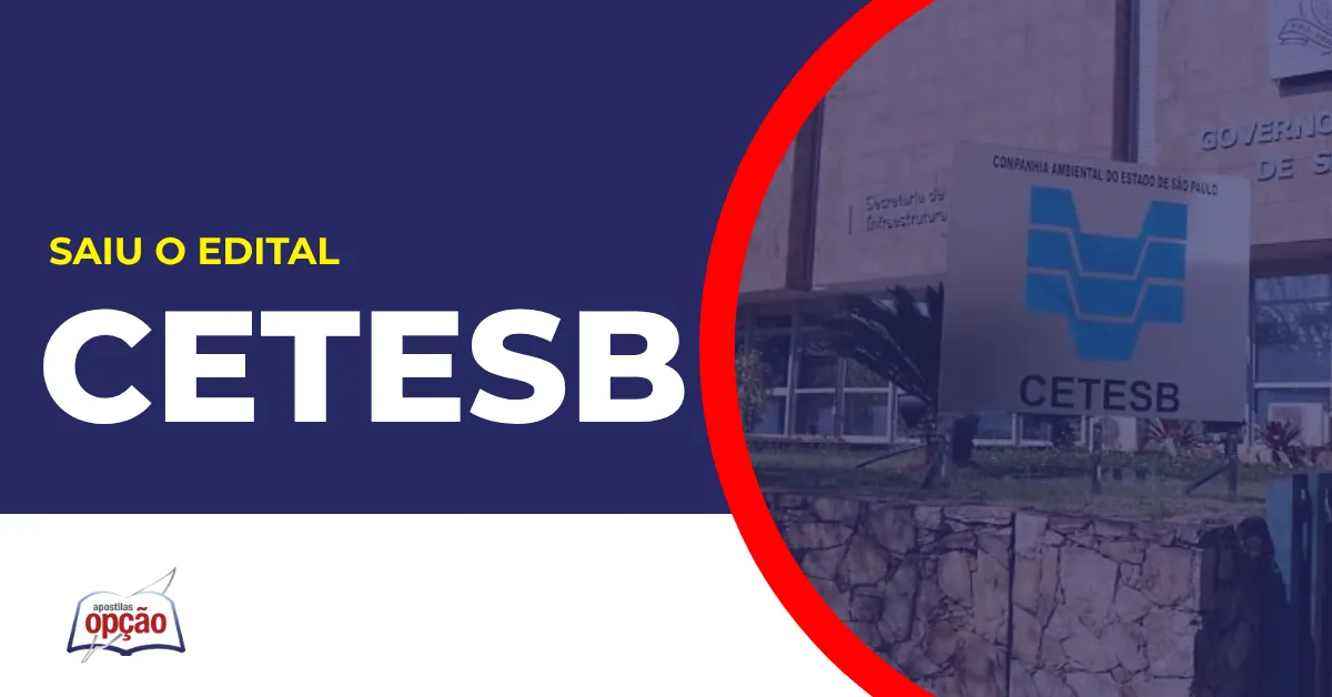 Imagem com fundo azul divulgando o Concurso Cetesb