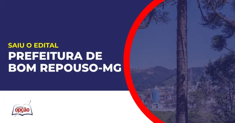 Imagem com fundo azul divulgando o Concurso Prefeitura de Bom Repouso MG