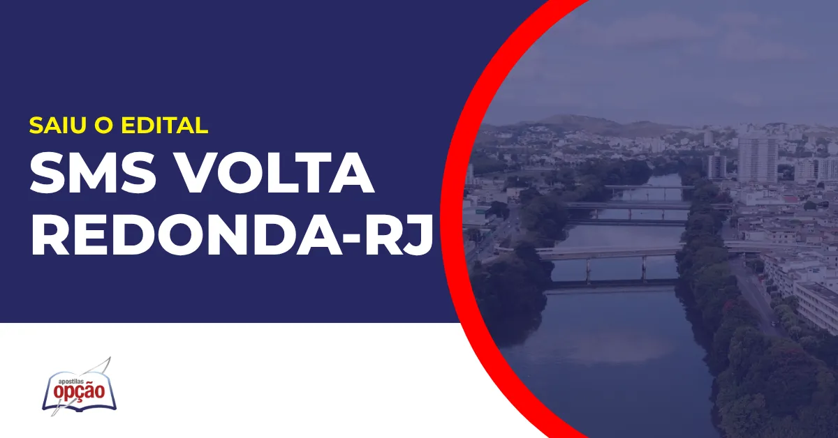 Imagem com fundo azul divulgando o Concurso SMS Volta Redonda RJ