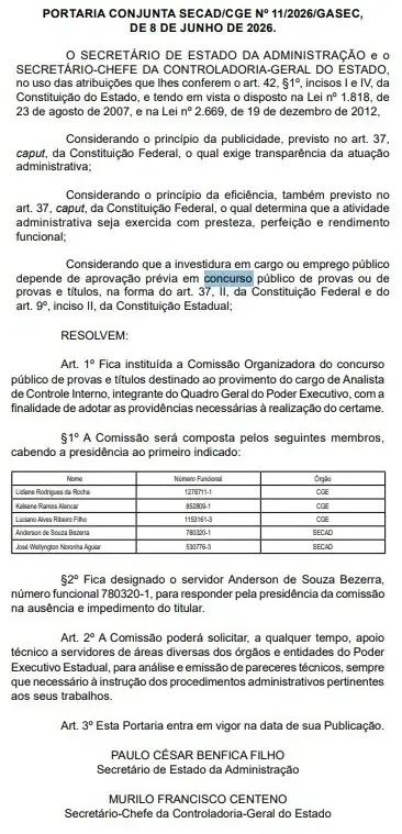 Concurso CGE TO: Comissão formada para 40 vagas de Analista!