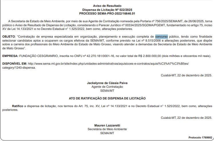 Concurso Sema MT: Banca definida