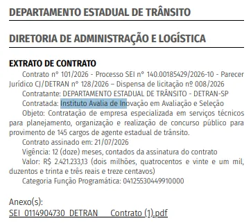 Concurso Detran SP 2026: Banca contratada! 145 vagas!