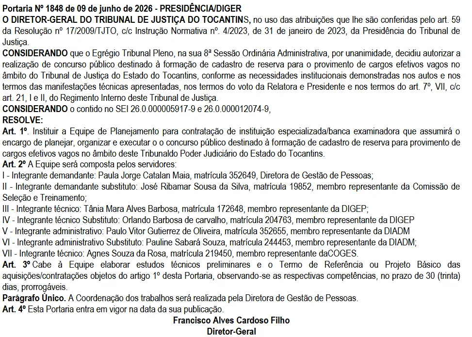 Concurso TJ TO: Comissão formada! Edital em breve!