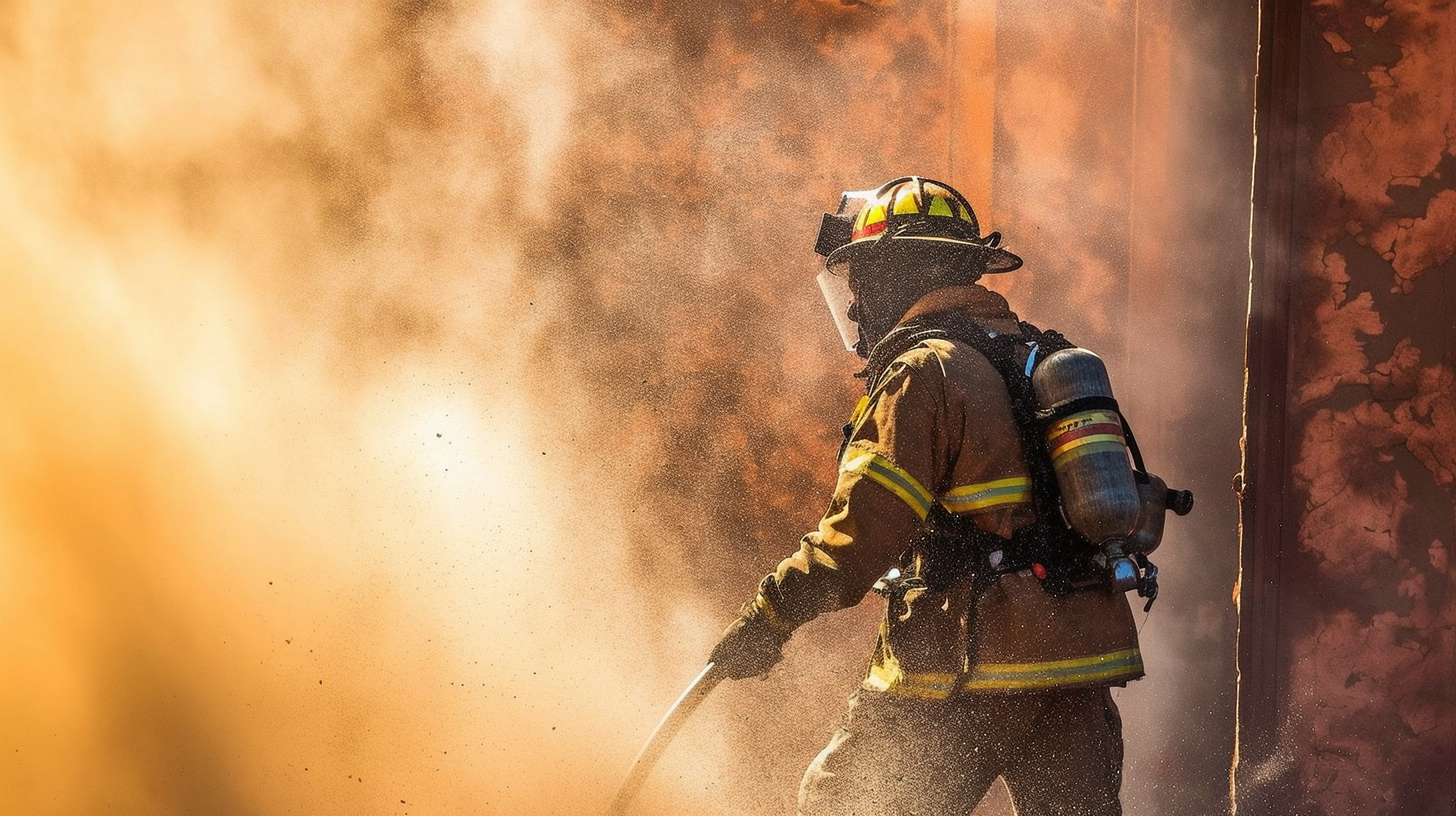 Bombeiro combatendo incêndio com mangueira