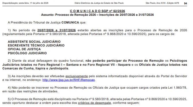 Concurso TJ SP: Tribunal abre 289 vagas para remoção interna!