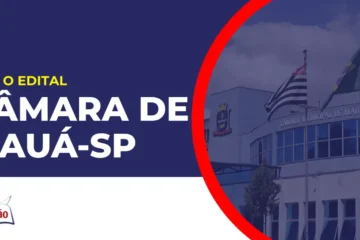 Imagem com fundo azul divulgando o Concurso Câmara de Mauá SP