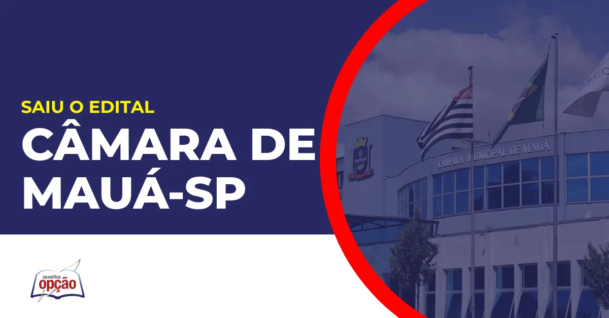 Imagem com fundo azul divulgando o Concurso Câmara de Mauá SP