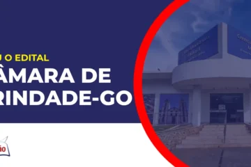 Imagem com fundo azul divulgando o Concurso Câmara de Trindade GO