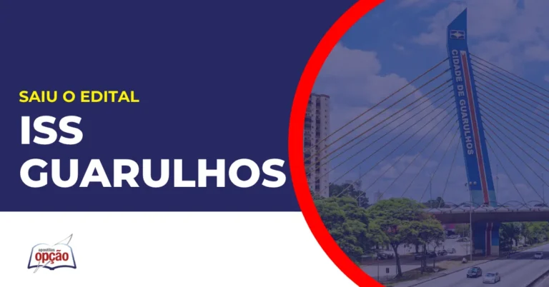 Imagem com fundo azul divulgando o Concurso ISS Guarulhos