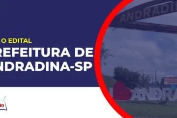 Imagem com fundo azul divulgando o Concurso Prefeitura de Andradina SP