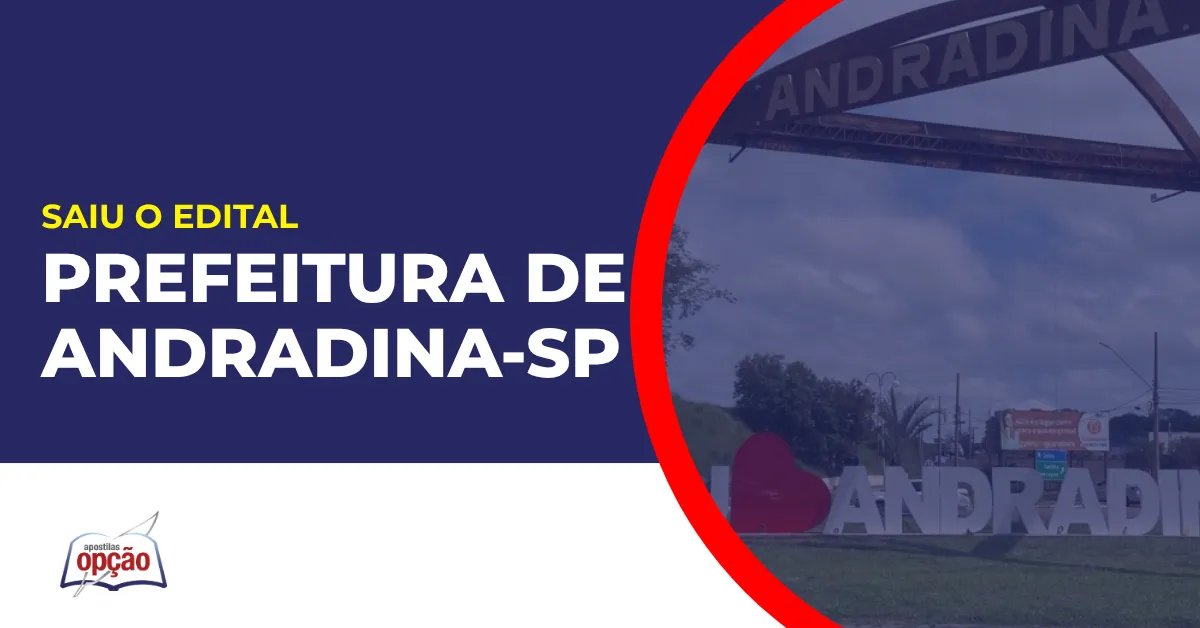 Imagem com fundo azul divulgando o Concurso Prefeitura de Andradina SP