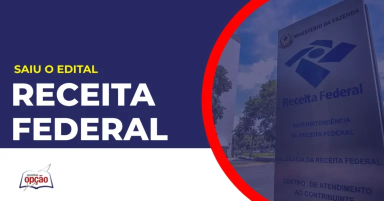 Imagem com fundo azul divulgando o Concurso Receita Federal