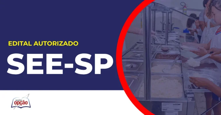 Imagem com fundo azul divulgando o Concurso SEE SP