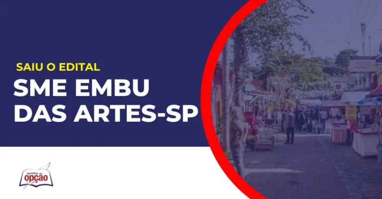 Imagem com fundo azul divulgando o Concurso SME Embu das Artes SP