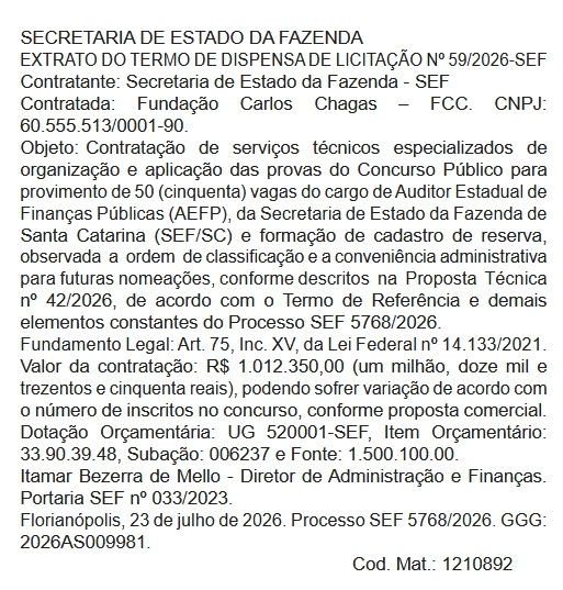 Concurso Sefaz SC: Banca definida! 50 vagas para Auditor!