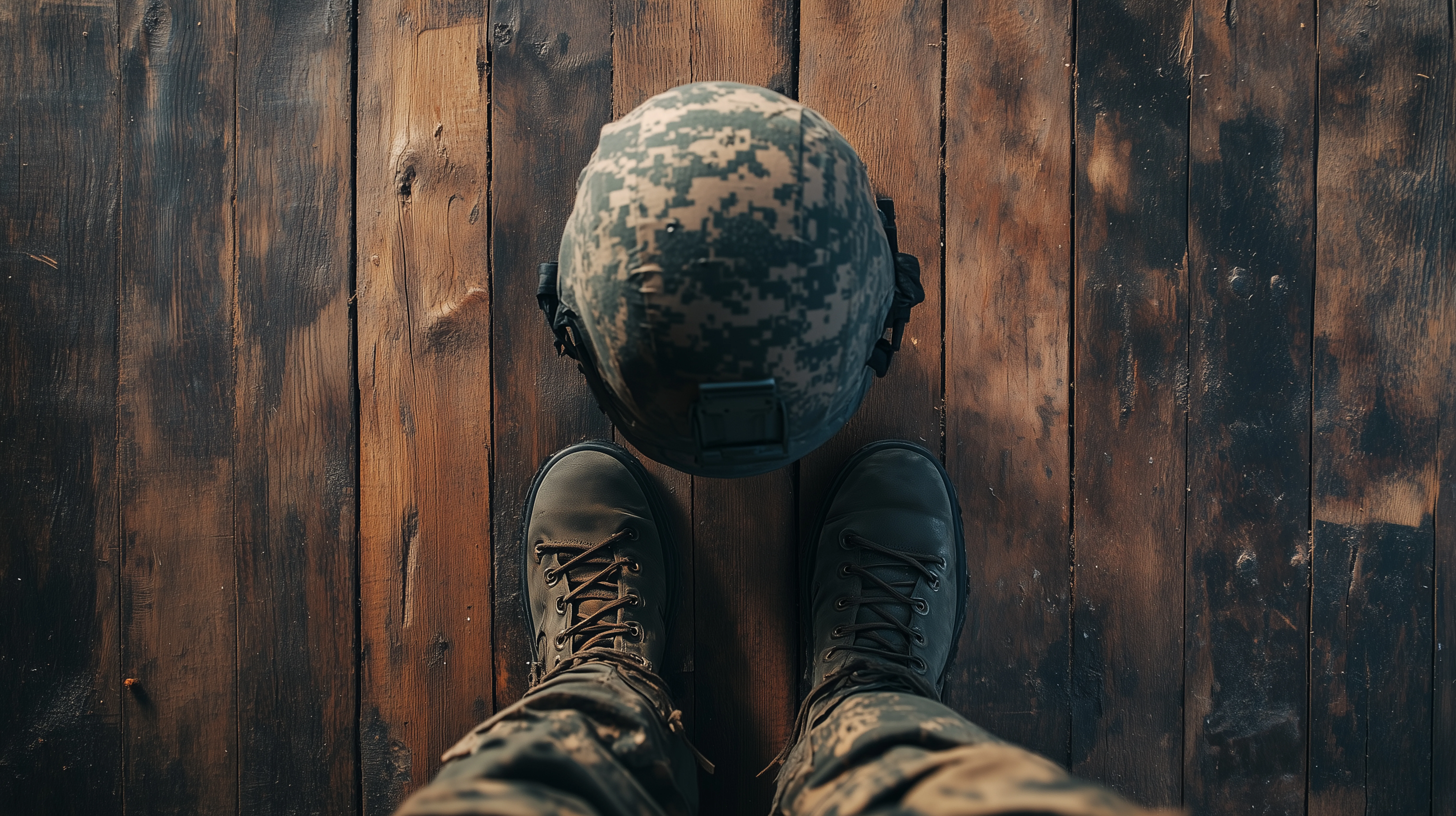 Pés e capacete de um soldado
