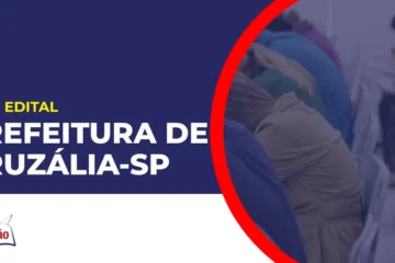 Imagem com fundo azul divulgando o Concurso Prefeitura de Cruzália SP