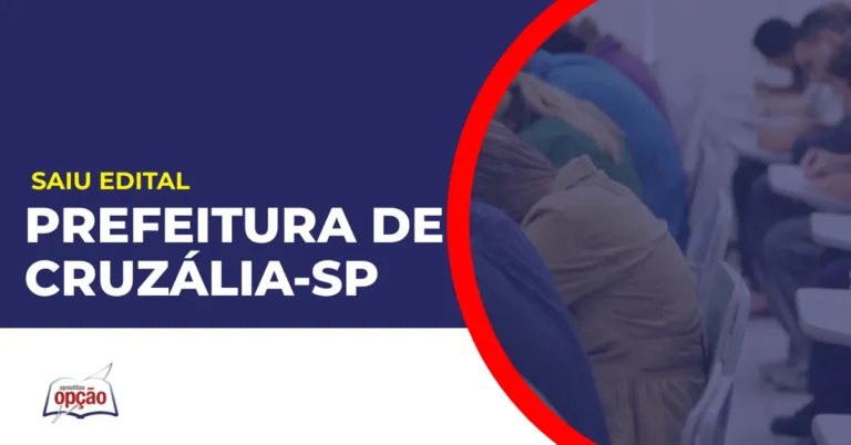 Imagem com fundo azul divulgando o Concurso Prefeitura de Cruzália SP