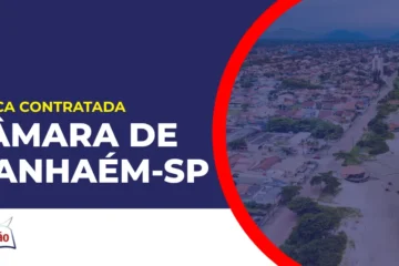 Imagem com fundo azul divulgando o Concurso Câmara de Itanhaém SP