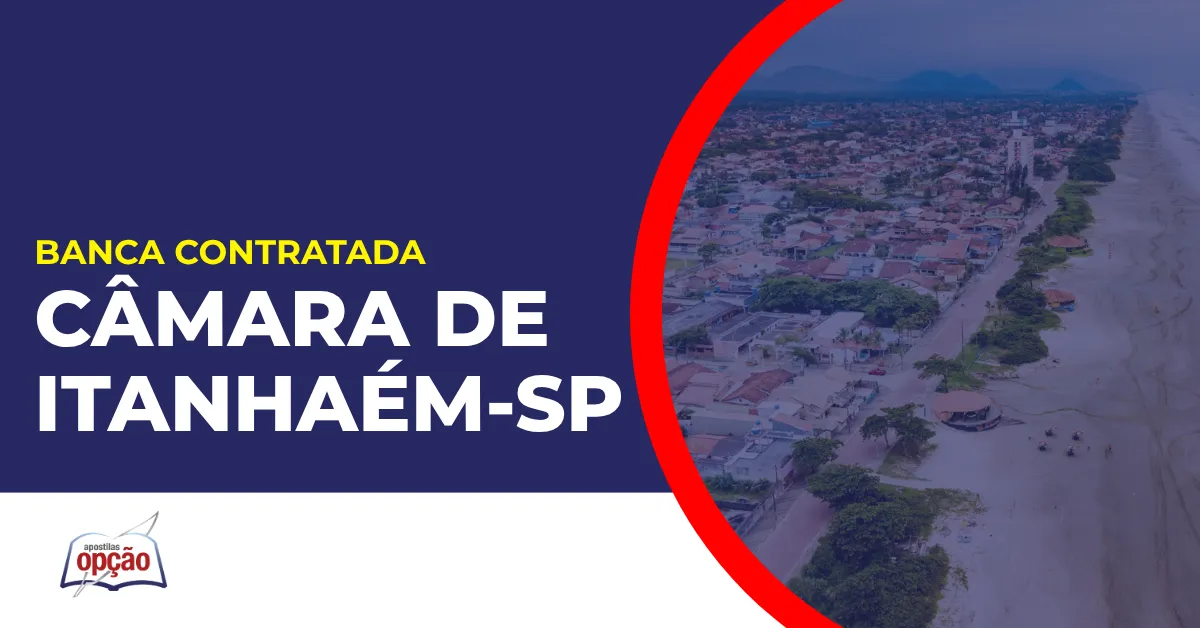 Imagem com fundo azul divulgando o Concurso Câmara de Itanhaém SP