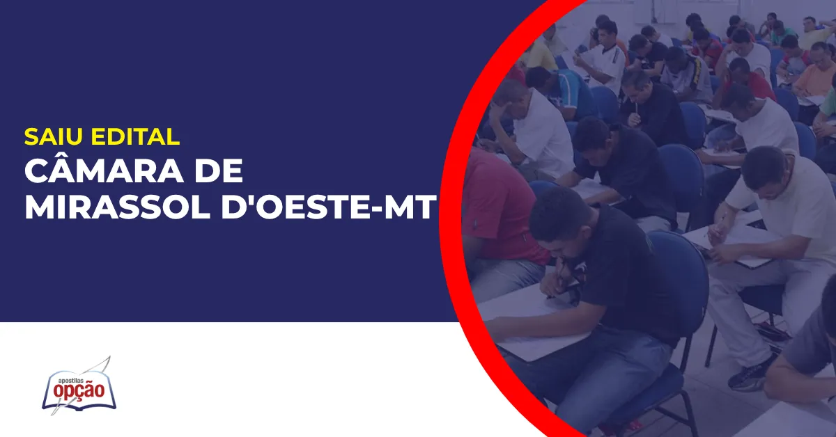 Imagem com fundo azul divulgando o Concurso Câmara de Mirassol D'Oeste MT