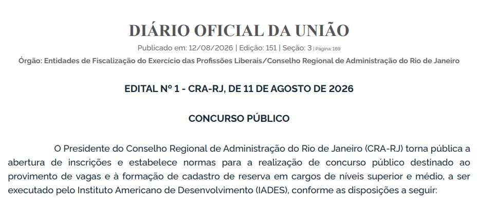 Concurso CRA RJ 2026: Saiu o extrato de edital!