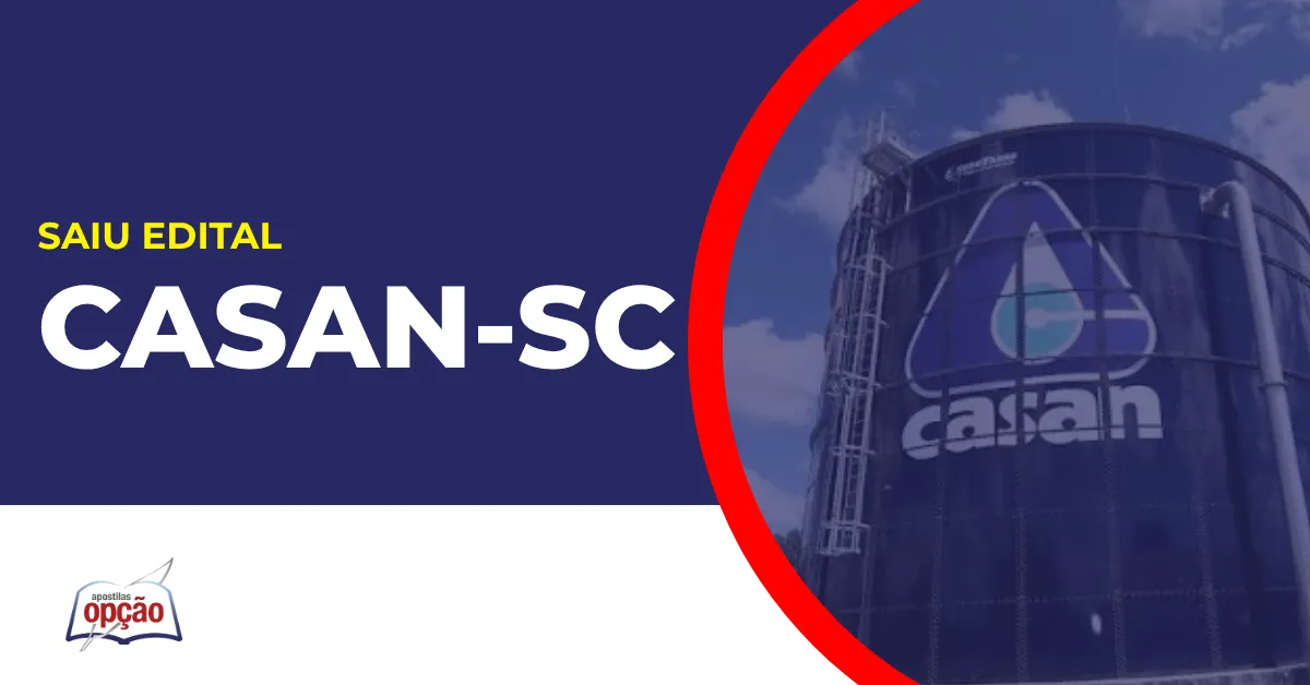 Imagem com fundo azul divulgando o Concurso CASAN SC 2026