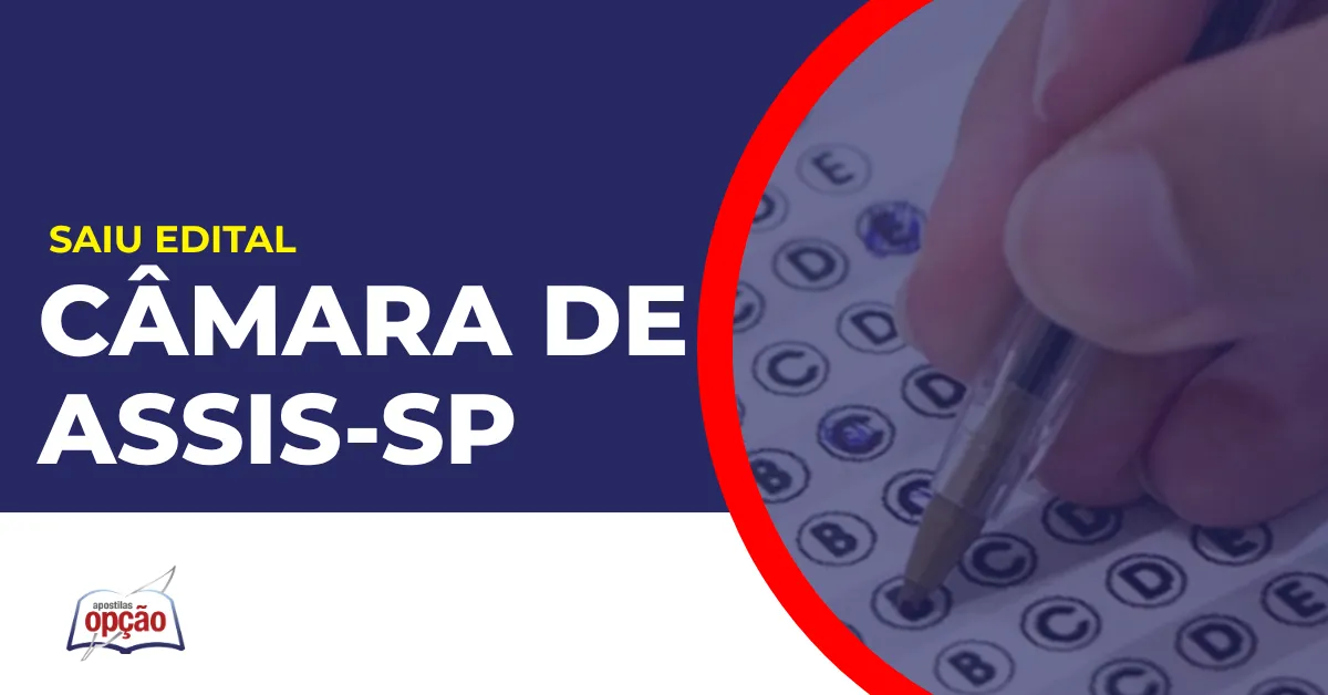 Imagem com fundo azul divulgando o Concurso Câmara de Assis SP