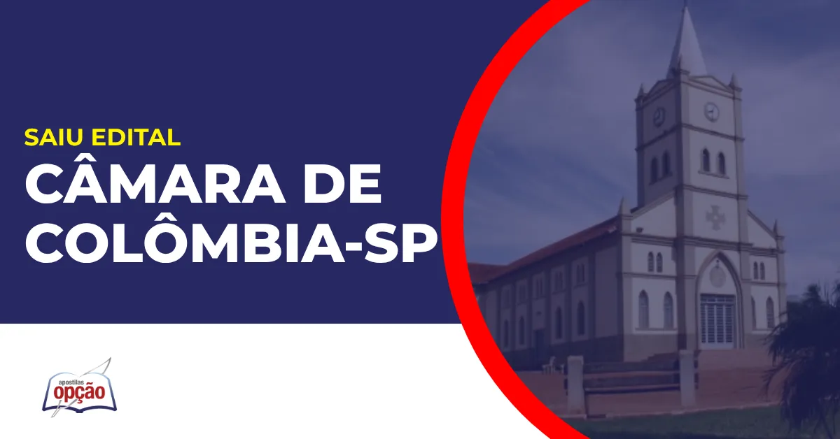 Imagem com fundo azul divulgando o Concurso Câmara de Colômbia SP