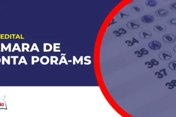 Imagem com fundo azul divulgando o Concurso Câmara de Ponta Porã MS