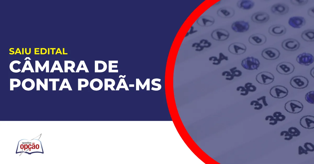 Imagem com fundo azul divulgando o Concurso Câmara de Ponta Porã MS