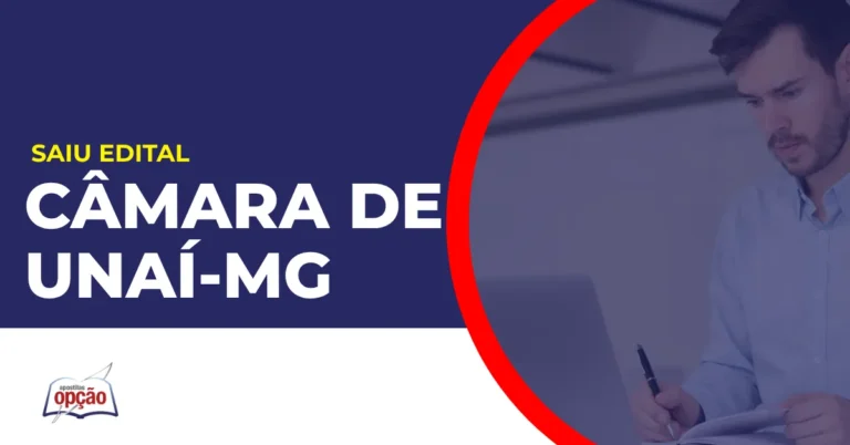 Imagem com fundo azul divulgando o Concurso Câmara de Unaí MG