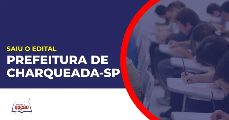 Imagem com fundo azul divulgando o Concurso Prefeitura de Charqueada SP
