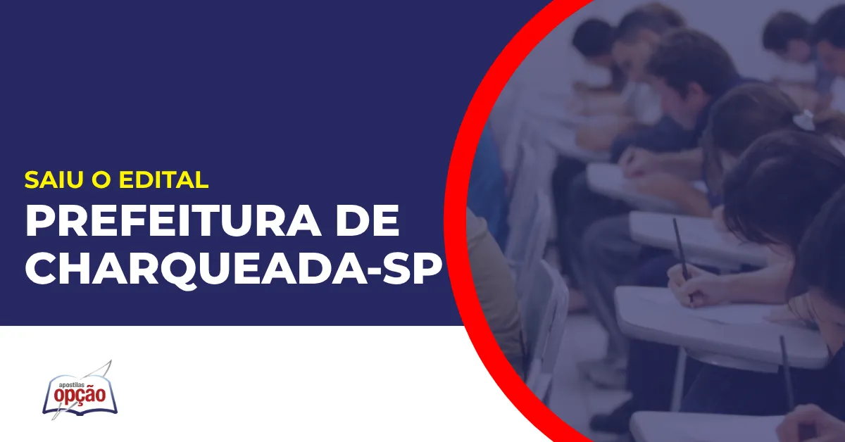 Imagem com fundo azul divulgando o Concurso Prefeitura de Charqueada SP