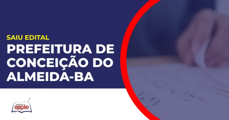 Imagem com fundo azul divulgando o Concurso Prefeitura de Conceição do Almeida BA