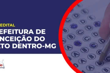 Imagem com fundo azul divulgando o Concurso Prefeitura de Conceição do Mato Dentro MG