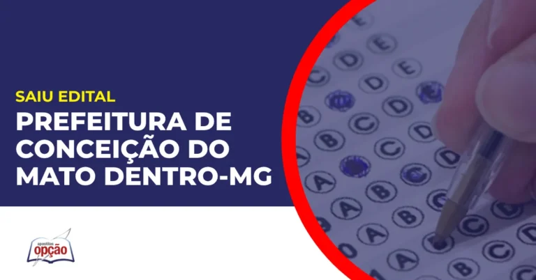 Imagem com fundo azul divulgando o Concurso Prefeitura de Conceição do Mato Dentro MG