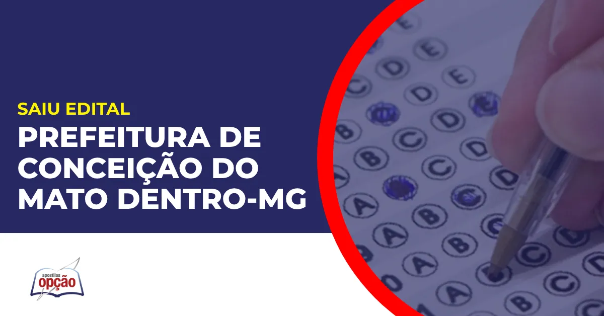 Imagem com fundo azul divulgando o Concurso Prefeitura de Conceição do Mato Dentro MG