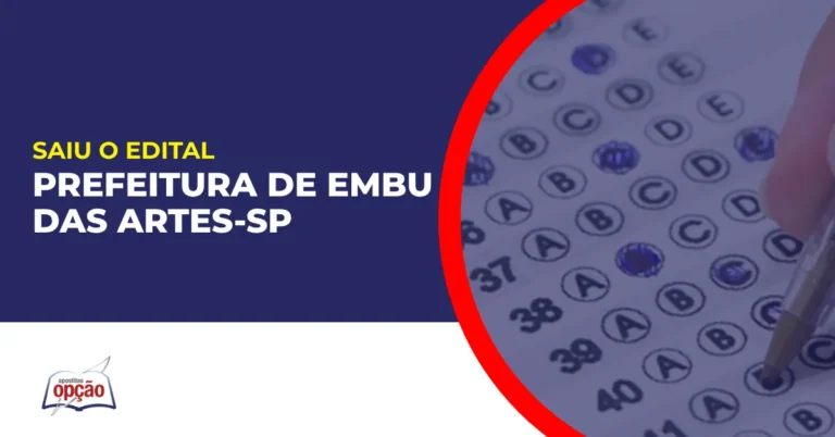Imagem com fundo azul divulgando o Concurso Prefeitura de Embu das Artes SP