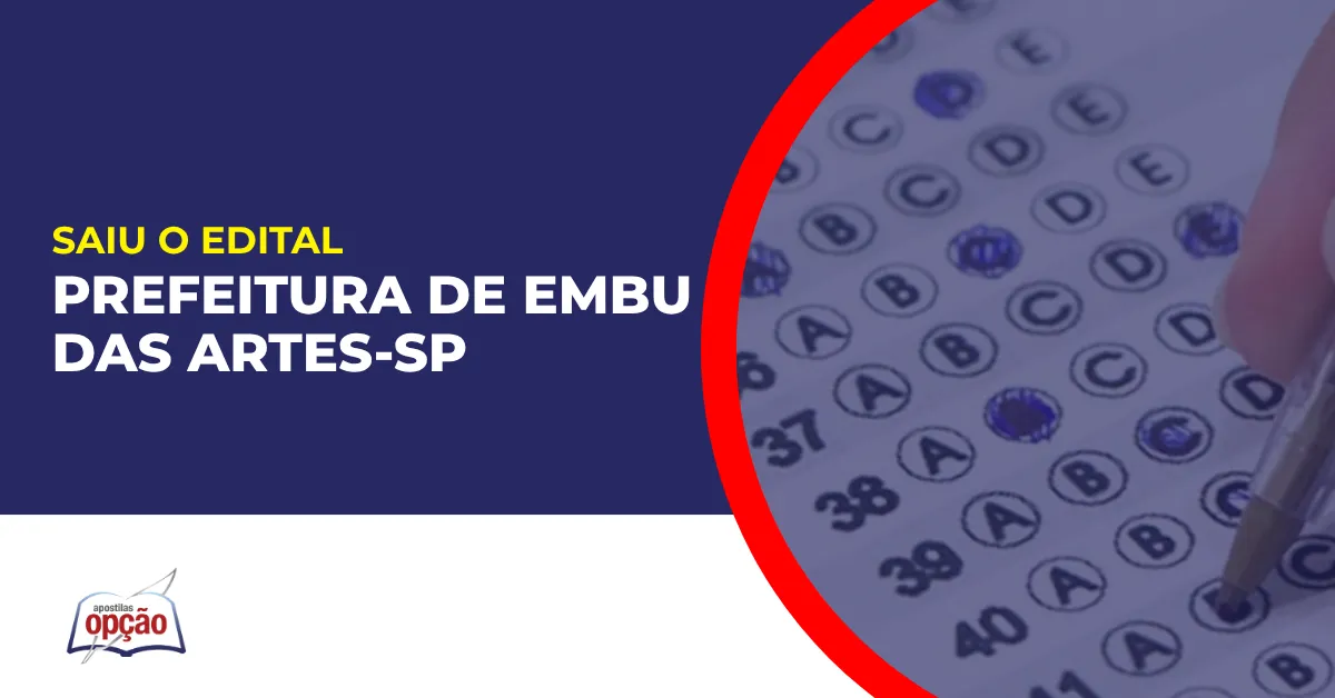 Imagem com fundo azul divulgando o Concurso Prefeitura de Embu das Artes SP