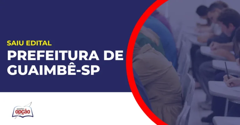 Imagem com fundo azul divulgando o Concurso Prefeitura de Guaimbê SP
