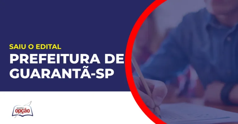 Imagem com fundo azul divulgando o Concurso Prefeitura de Guarantã SP