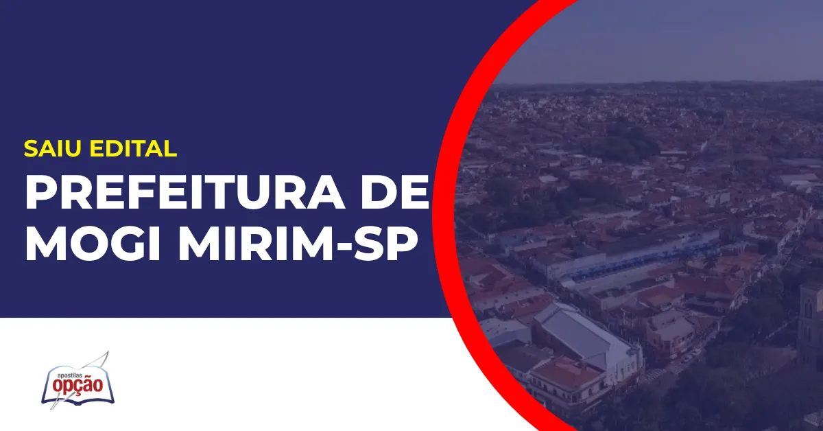 Imagem com fundo azul divulgando o Concurso Prefeitura de Mogi Mirim SP