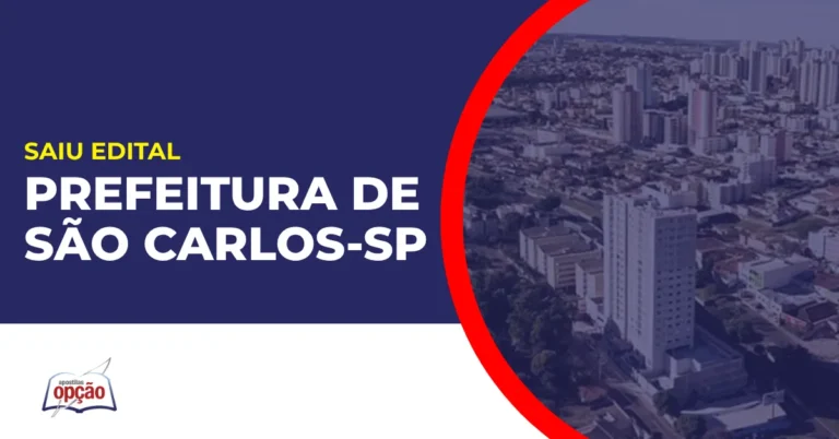 Imagem com fundo azul divulgando o Concurso Prefeitura de São Carlos SP