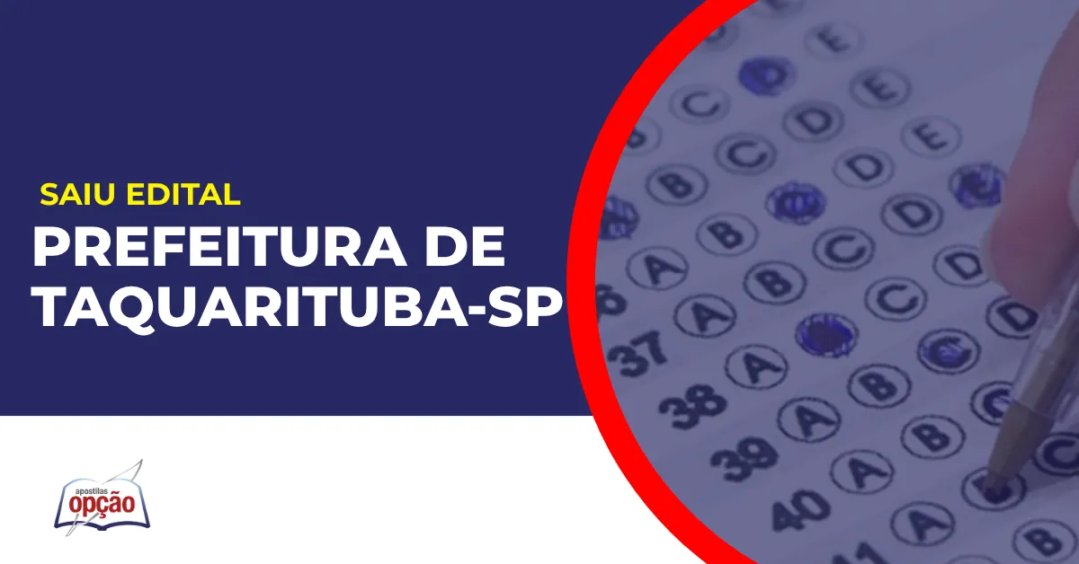 Imagem com fundo azul divulgando o Concurso Prefeitura de Taquarituba SP