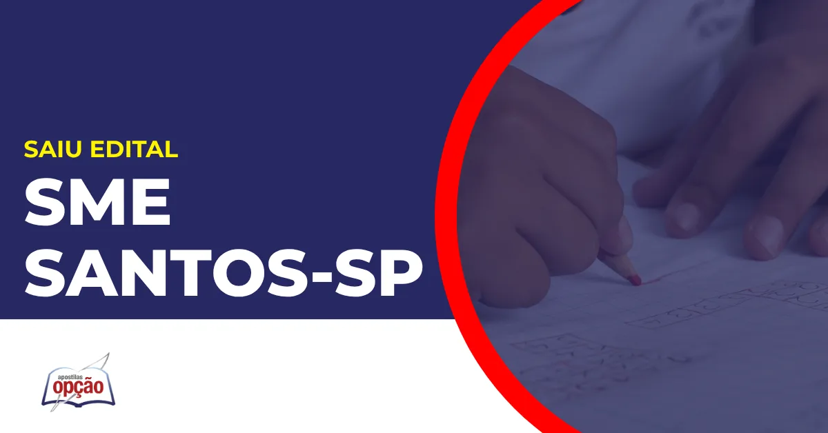 Imagem com fundo azul divulgando o Concurso SME Santos SP