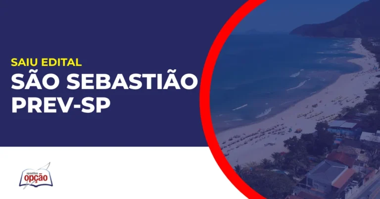 Imagem com fundo azul divulgando o Concurso São Sebastião Prev SP