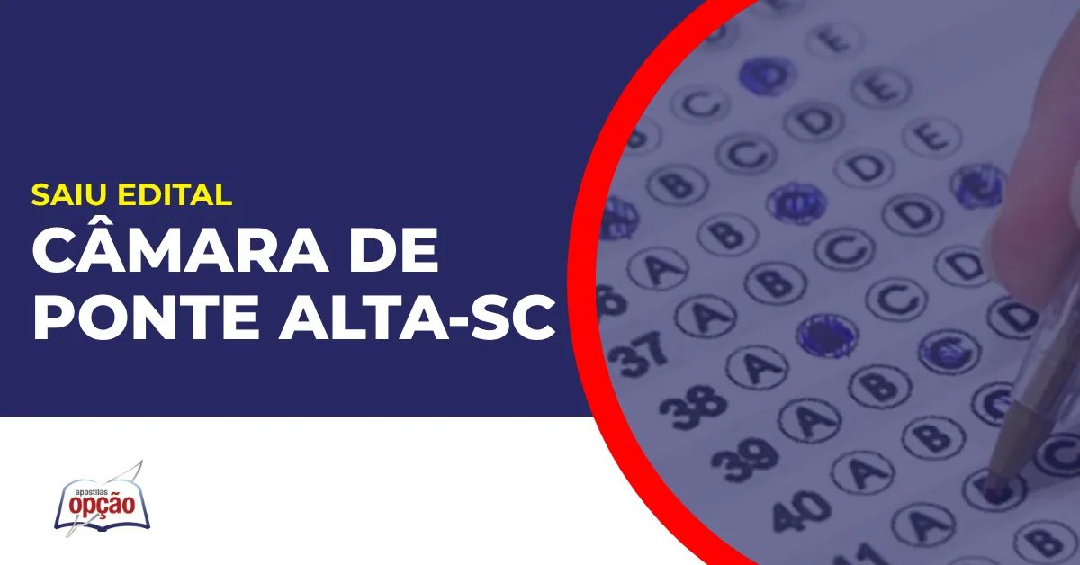 Imagem com fundo azul divulgando o Concurso Câmara de Ponte Alta SC