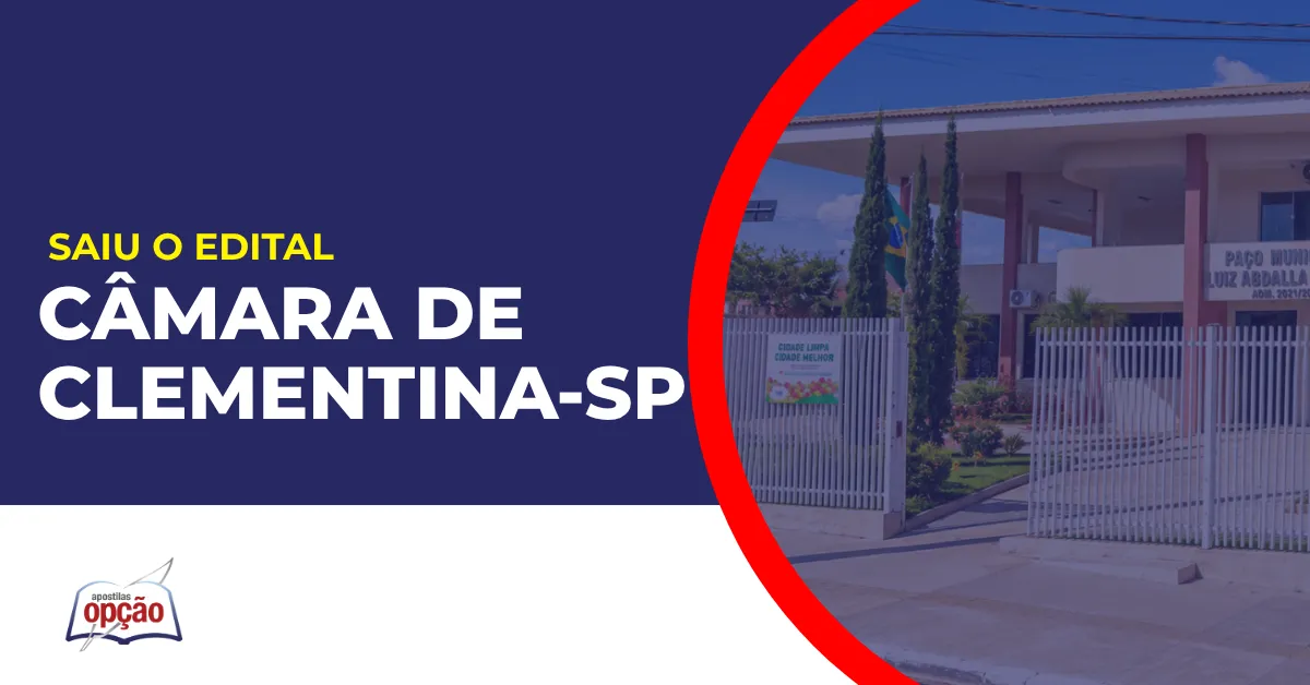 Imagem com fundo azul divulgando o Concurso Câmara de Clementina SP