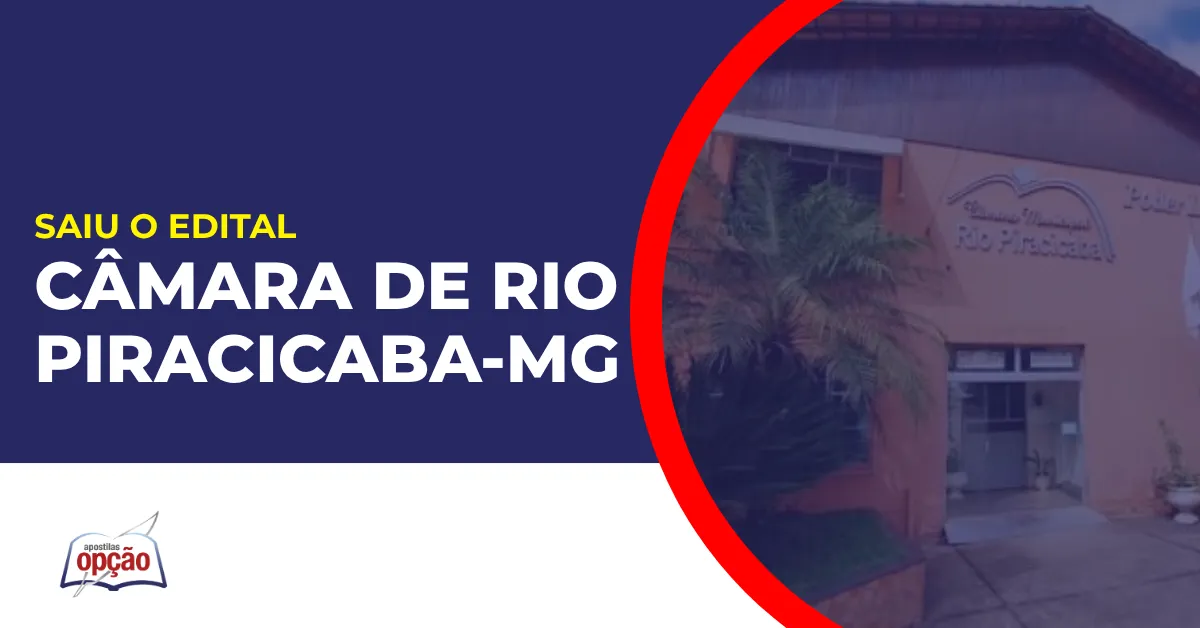 Imagem com fundo azul divulgando o Concurso Câmara de Rio Piracicaba MG